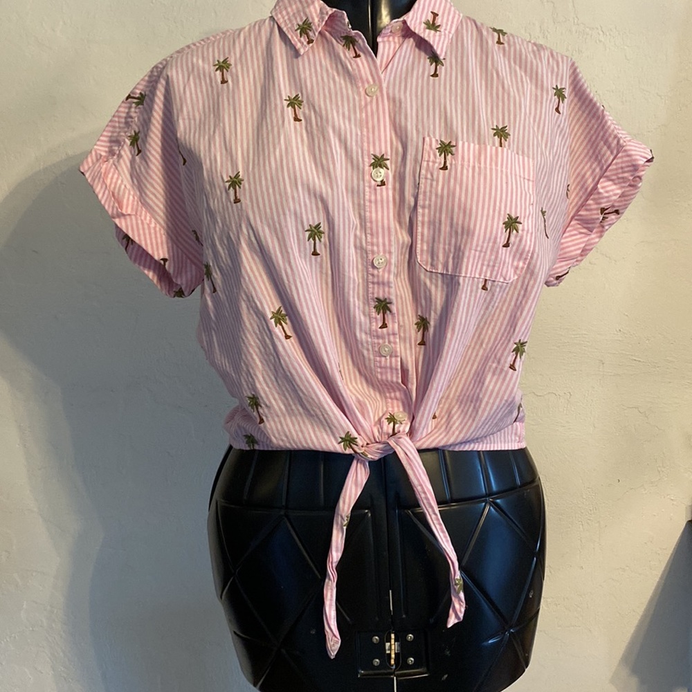 Marc New York woman’s button down pink white w/ palm tree pattern shirt w/ tie M